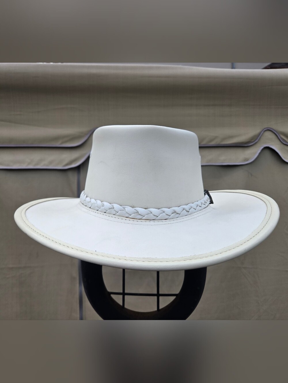 Barmah White Leather Outback Hat, size medium